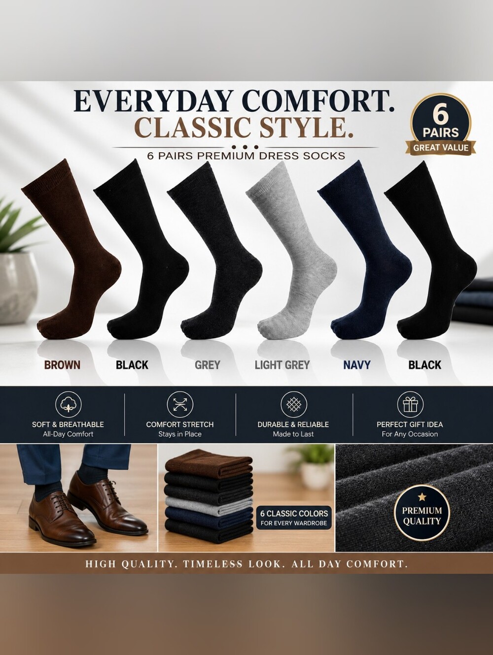 6 Pairs Mens Dress Socks Multi Color Mid Calf Classic Design Cotton Size 10-13